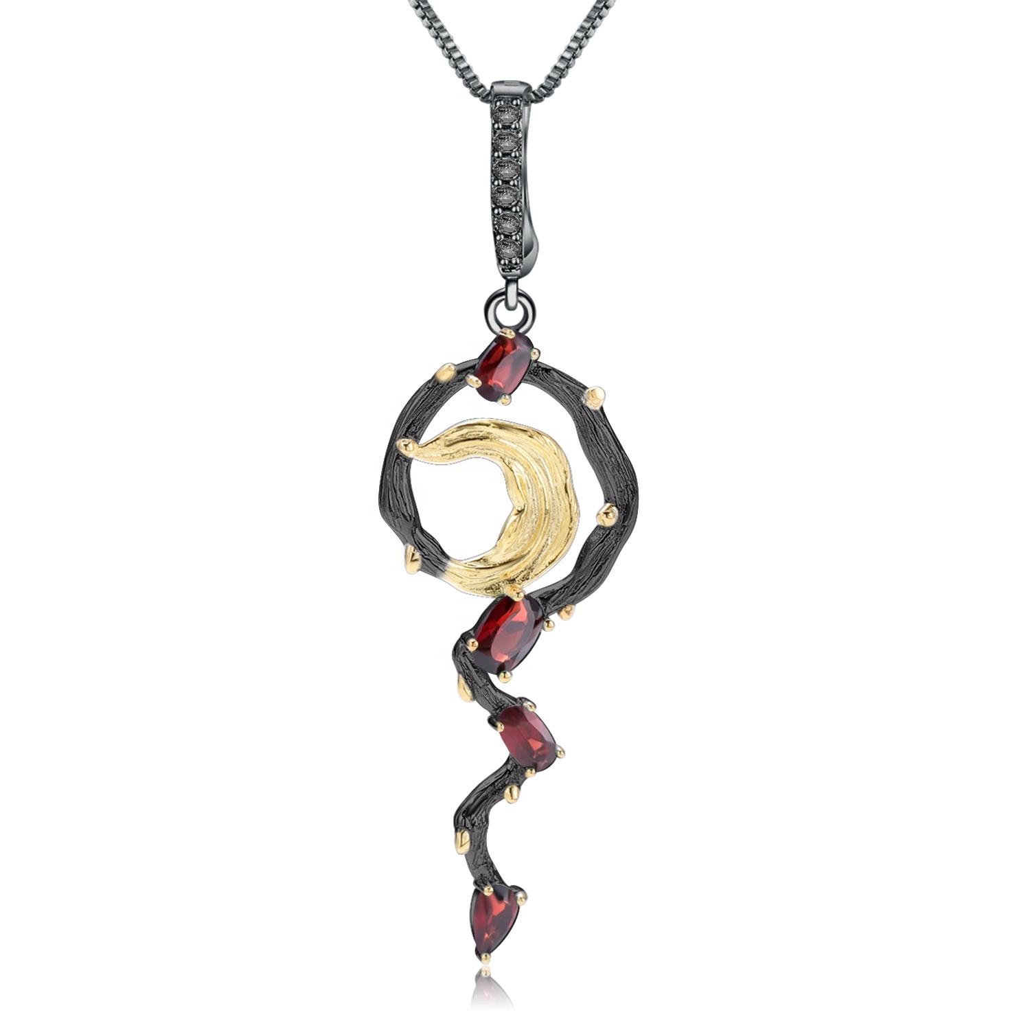 Daily Gerunt customized Fine Women \ 's Lunam Figura Nigrum Rutilate Quartz et Ruby CMXXV Silver Aurum Plated monile Pendant 18