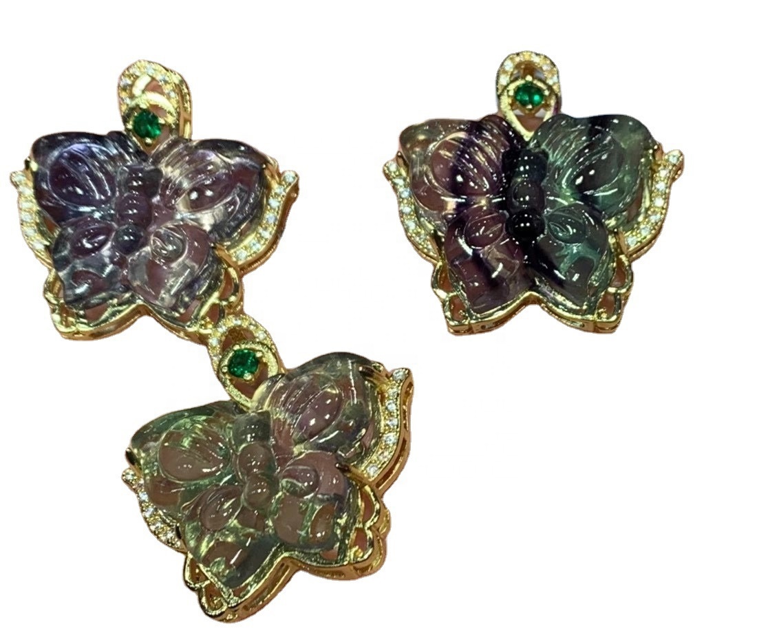 Náttúrulegur grænn flúorít skorið fiðrildi kristal hengiskraut 17