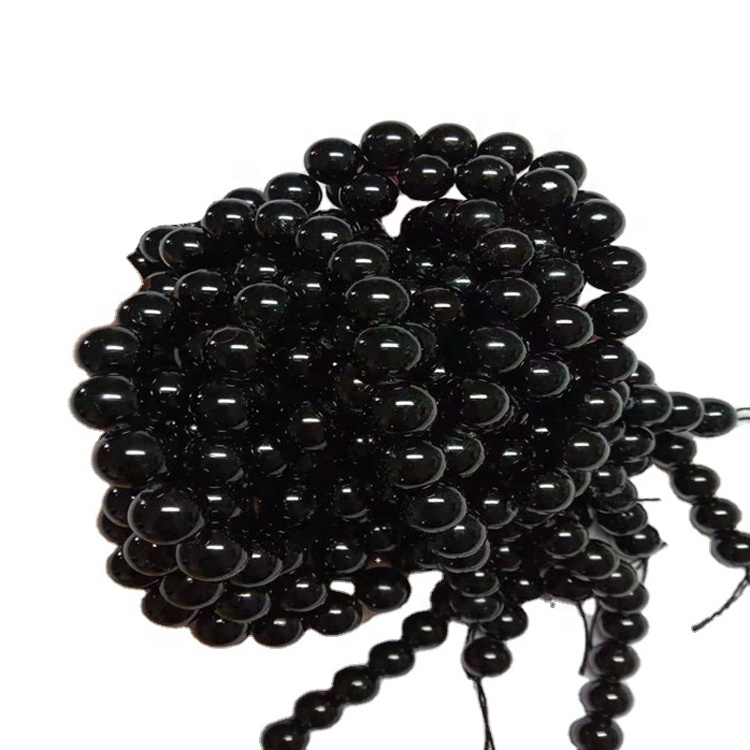 Natural Black Tourmaline Round Shape Perlur slétt Gemstone Strings 17