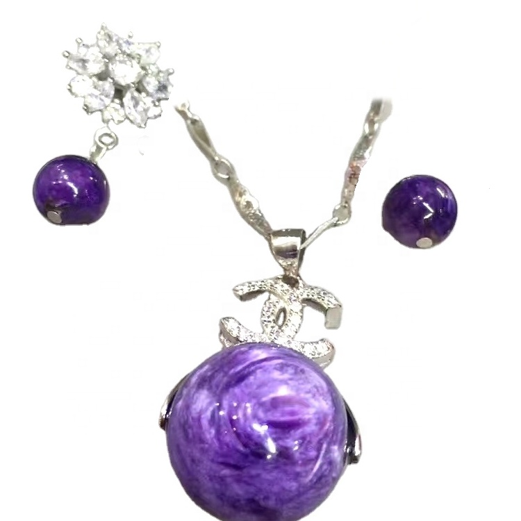 Висококвалитетен Charoite Silver Hellant ѓердан обетки поставува скапоцен камен 40