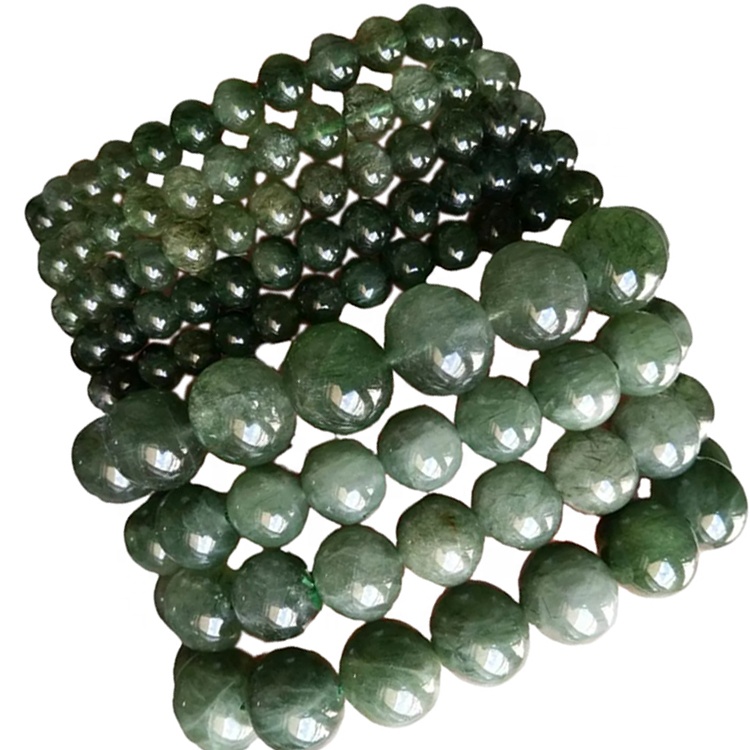 FANETED Круглай Shape Пацеркі Зялёны Rutilated кварцавыя бранзалеты наладжвальныя бранзалеты 40