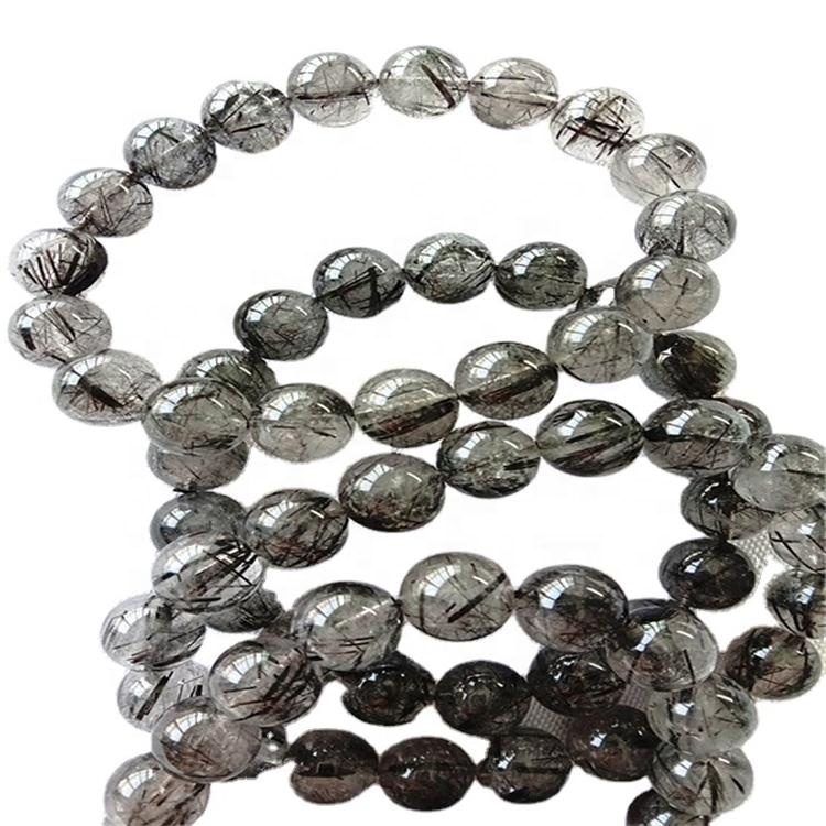 Náttúrulegt svart rútilað kvars Perlur í kringlótt form Slétt gimsteinsarmband 29