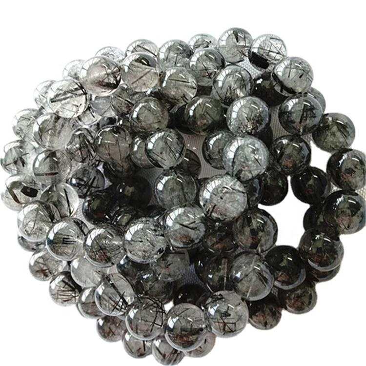 Náttúrulegt svart rútilað kvars Perlur í kringlótt form Slétt gimsteinsarmband 33