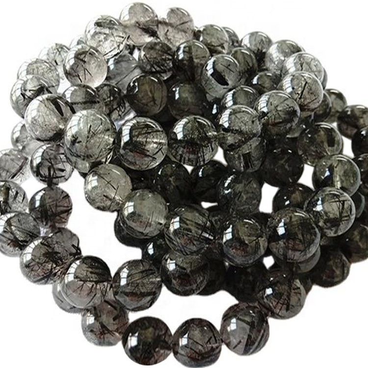 Náttúrulegt svart rútilað kvars Perlur í kringlótt form Slétt gimsteinsarmband 35