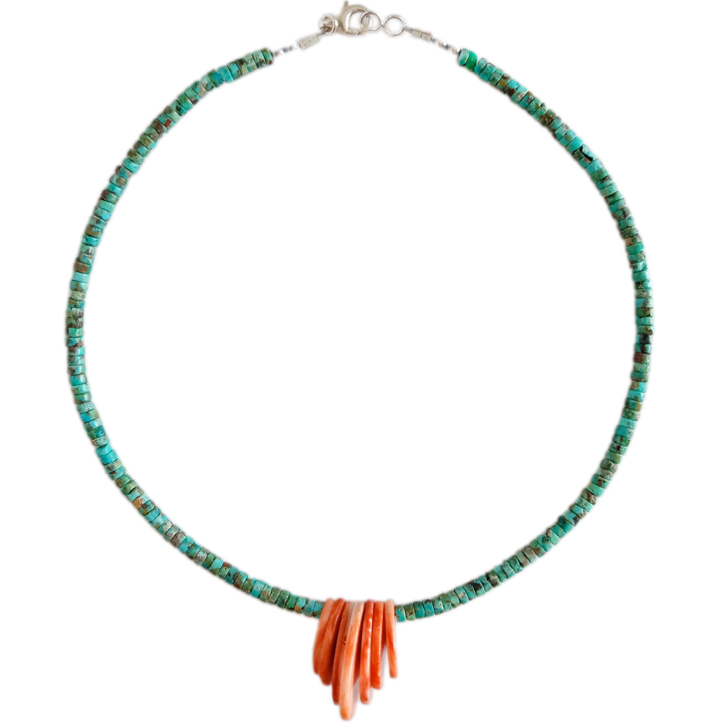 4mm Irregular Blue Natural turquoise with Orange Spiny Oyster shell pendant necklace southwest style 20230801-01-08 1