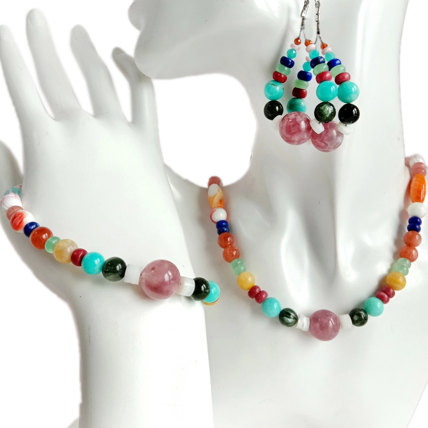 Natural turquoise Spiny Oyster Seraphinite and  Lapis lazuli  with Prehnite roundle Gemstone beads pendant Colorful jewelry set 1