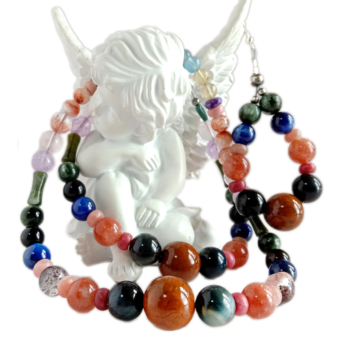 Seraphinite TigerEye Lapis lazuli Hantu phantom kuarsa dan Jasper dengan Pietersite roundle manik-manik liontin perhiasan set 8