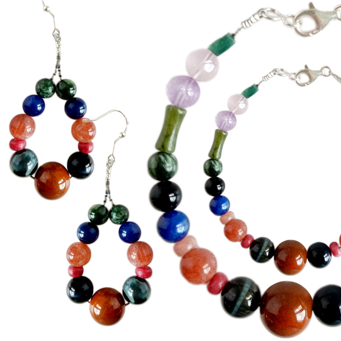 Seraphinite TigerEye Lapis lazuli Hantu phantom kuarsa dan Jasper dengan Pietersite roundle manik-manik liontin perhiasan set 9