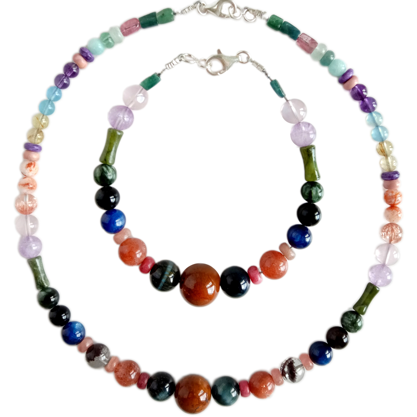 Seraphinite TigerEye Lapis lazuli Hantu phantom kuarsa dan Jasper dengan Pietersite roundle manik-manik liontin perhiasan set 10