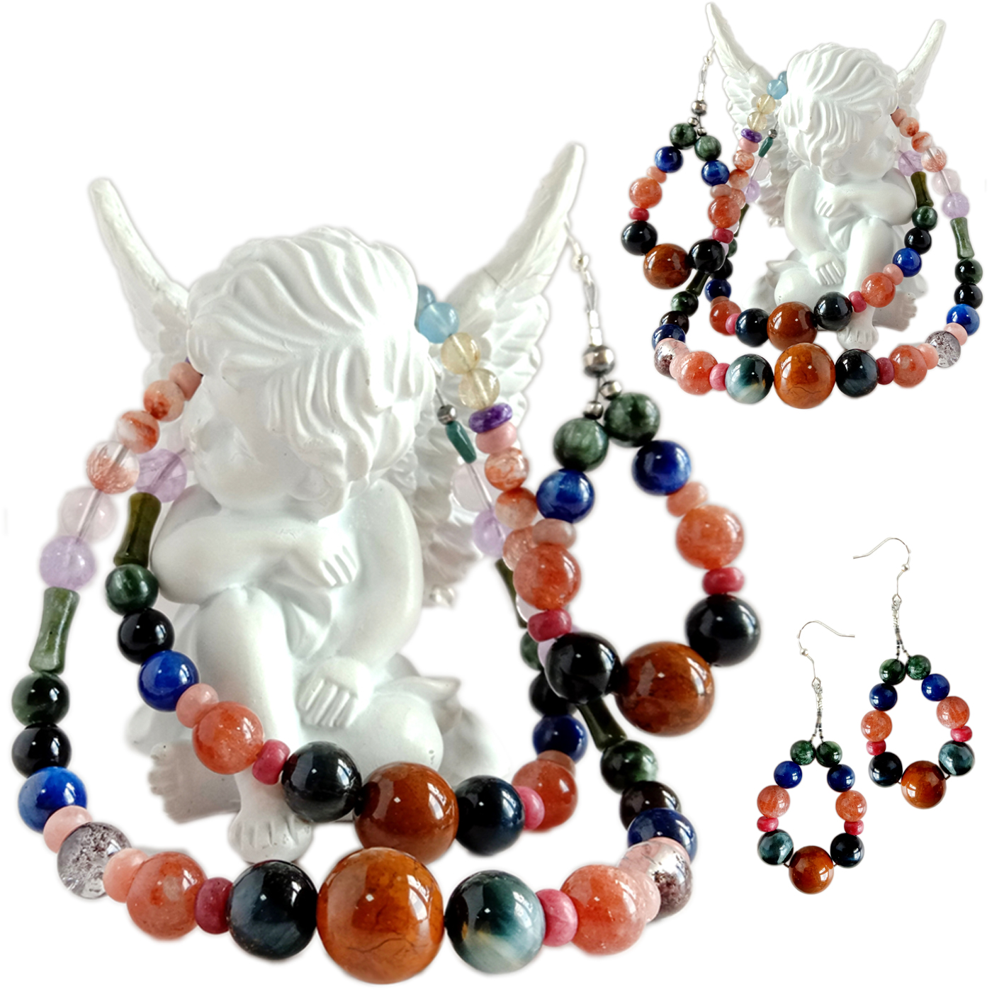 Seraphinite TigerEye Lapis lazuli Hantu phantom kuarsa dan Jasper dengan Pietersite roundle manik-manik liontin perhiasan set 12