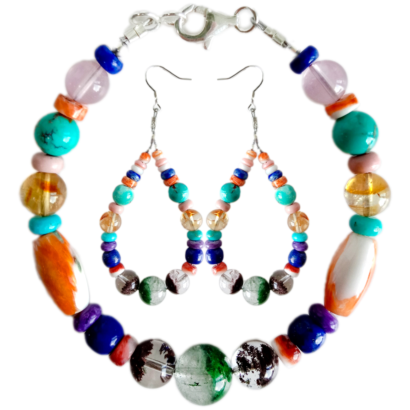 ត្បូងមរកតធម្មជាតិ និងអយស្ទ័រ Spiny ជាមួយនឹងពណ៌បៃតង Ghost phantom quartz pendant Citrine Lapis lazuli Necklace bracelet earring set gift forមិត្តនារី 8