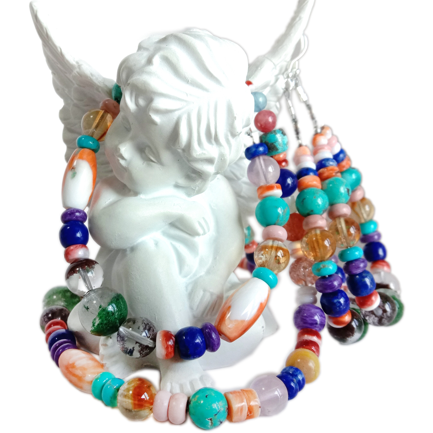 ត្បូងមរកតធម្មជាតិ និងអយស្ទ័រ Spiny ជាមួយនឹងពណ៌បៃតង Ghost phantom quartz pendant Citrine Lapis lazuli Necklace bracelet earring set gift forមិត្តនារី 10