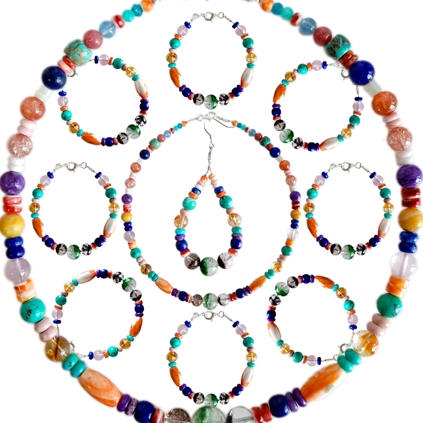 ត្បូងមរកតធម្មជាតិ និងអយស្ទ័រ Spiny ជាមួយនឹងពណ៌បៃតង Ghost phantom quartz pendant Citrine Lapis lazuli Necklace bracelet earring set gift forមិត្តនារី 12