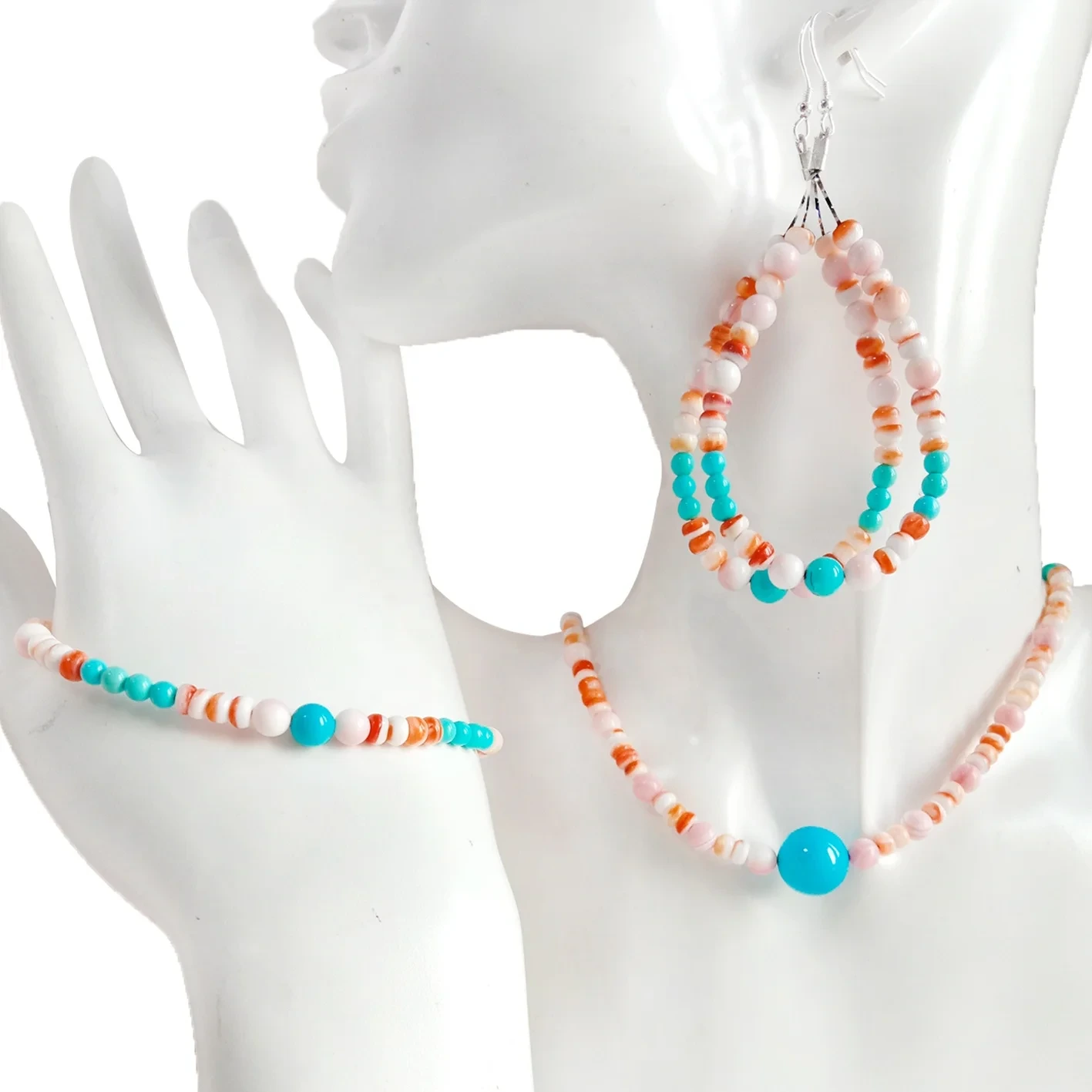 Natural Turquoise And Pink Shell With Orange Spiny Oyster Multi Stone Beaded Jewelry Set Unique Gifts For Women 1
