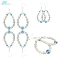 Pretty Milky Blue Aquamarine And Natural White South Sea Shell Pearl Round Gemstone Necklace Bracelet Earrings Set 1