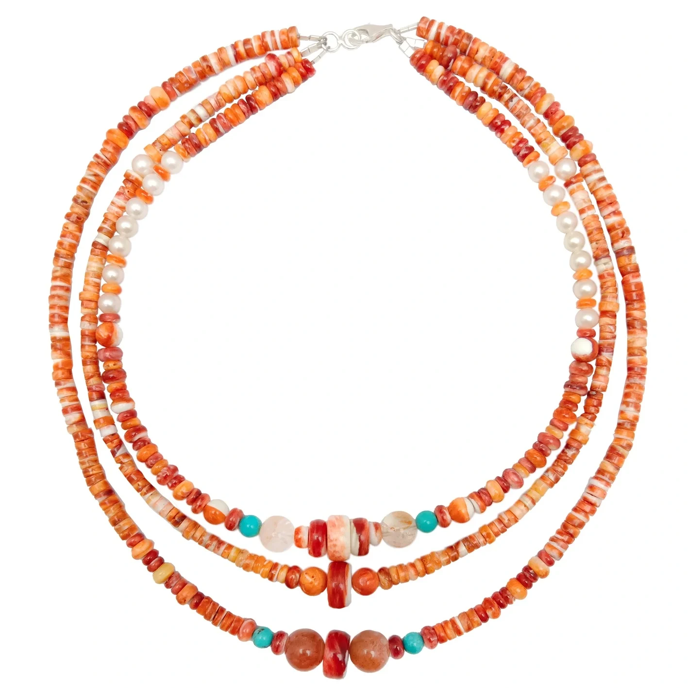 Turquoise Alami dan Oranye Berduri Oyster dengan Mutiara Sakura Onyx Sunstone Batu Permata Liontin Modis Khusus Kaki Tiga 1
