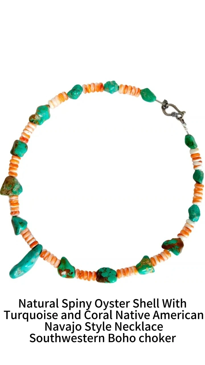 ʻO ʻOyster Shell Kūlohelohe Me ka Turquoise a me Coral Native American Navajo Style Necklace Southwestern Boho choker 20230807-03-08 1