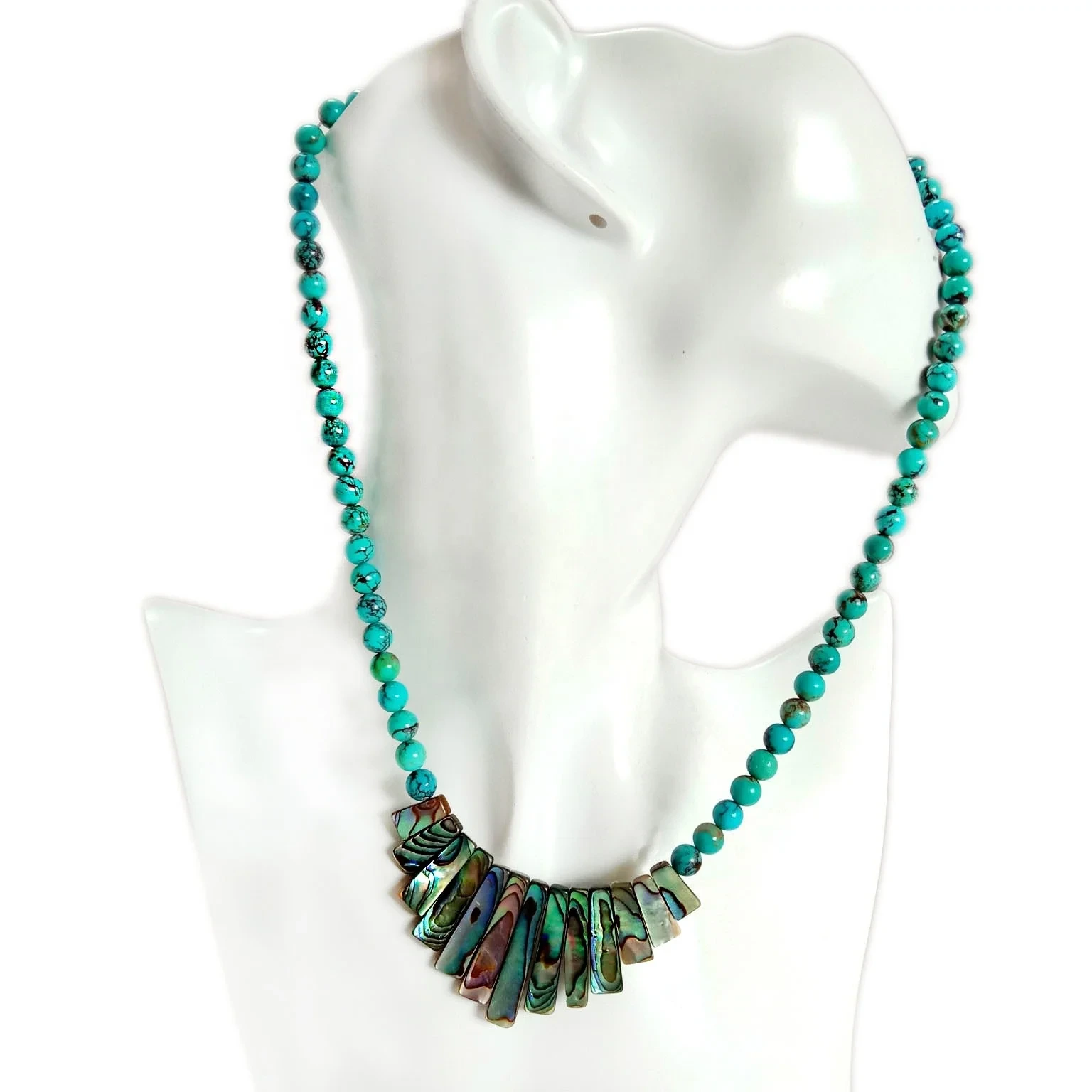 Turquoise Dabiici ah iyo Katiinad Shell Abalone oo Buuxsan 16 inch oo Dhagxaan Dhab ah oo Tayo Sare leh 1