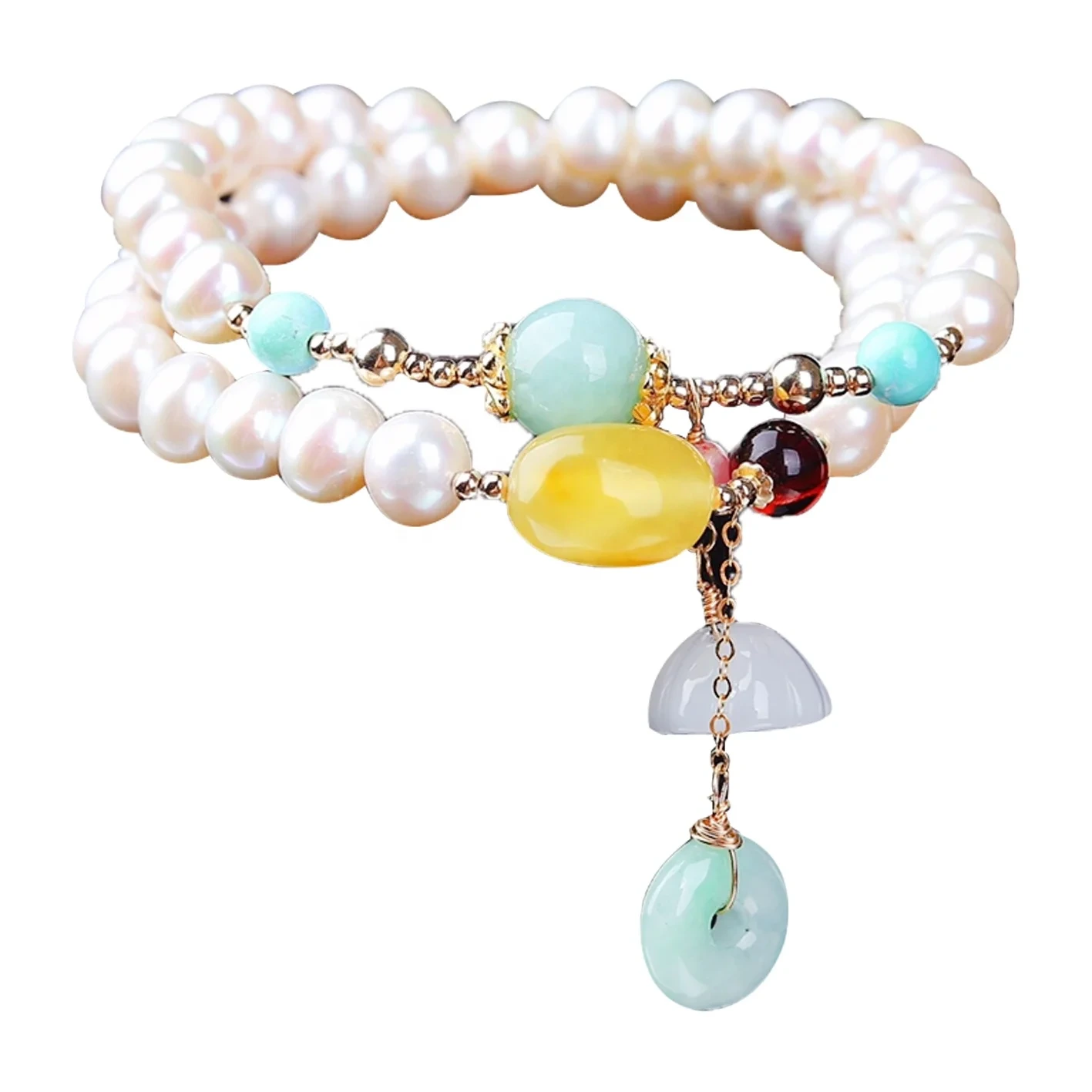 Real Pearl Bracelet With Natural Turquoise Amber Jade Rhodochrosite Gemstone Pendant Full Strand 7.5inch 1
