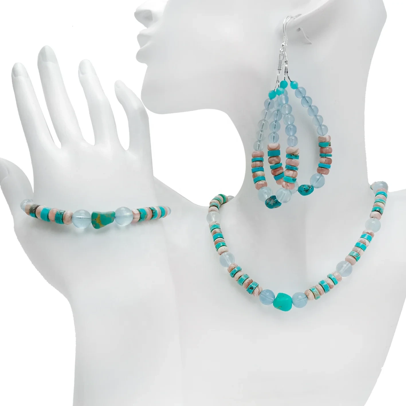 Faceted Amazonite sareng Milky Blue Aquamarine sareng Rhodochrosite Natural Turquoise Perhiasan Set Hadiah Unik Pikeun Awéwé 1
