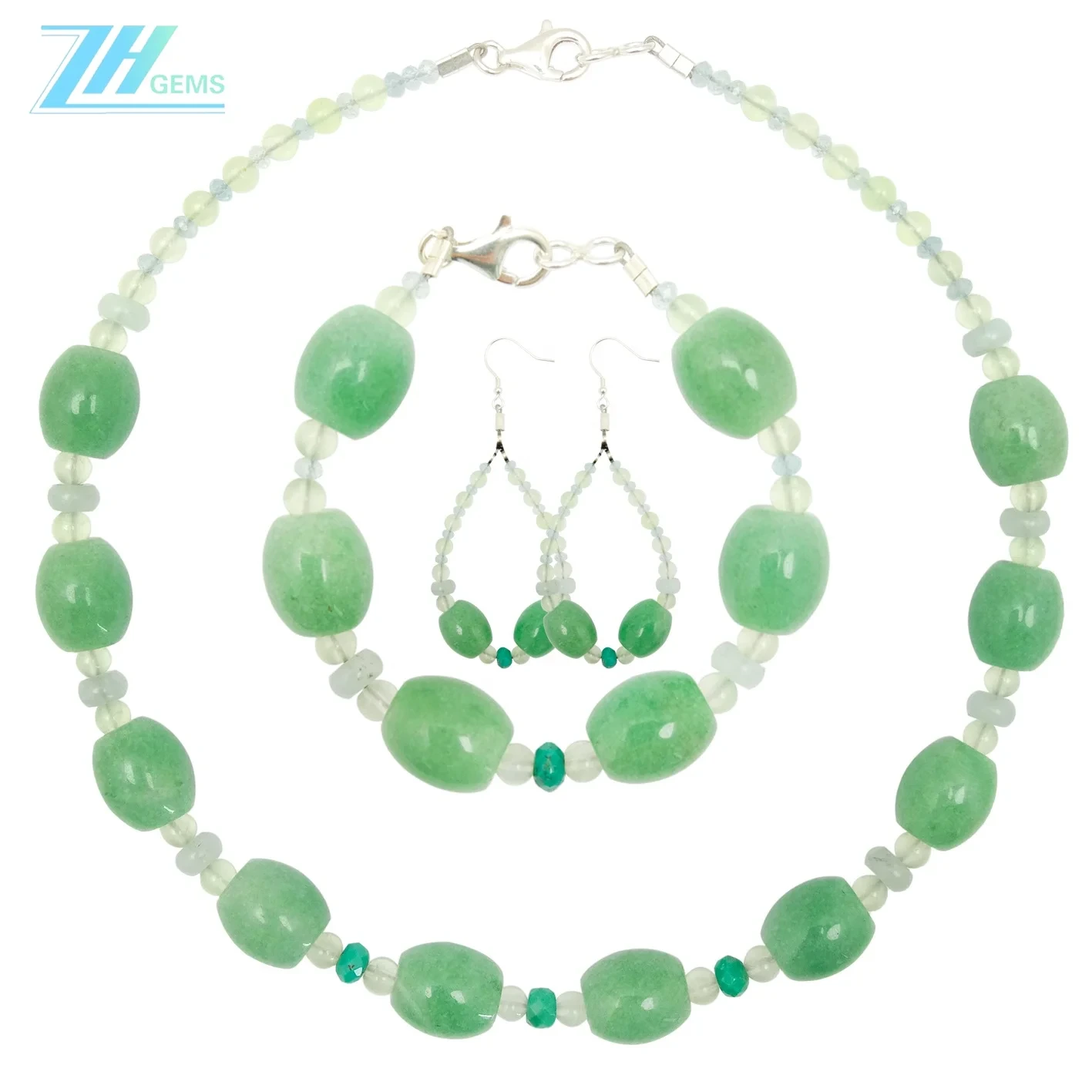 Ntuj Turquoise Thiab Aventurine Prehnite Milky Blue Aquamarine Zoo nkauj Gemstone Jewelry Set Handmade Xim Xim 1