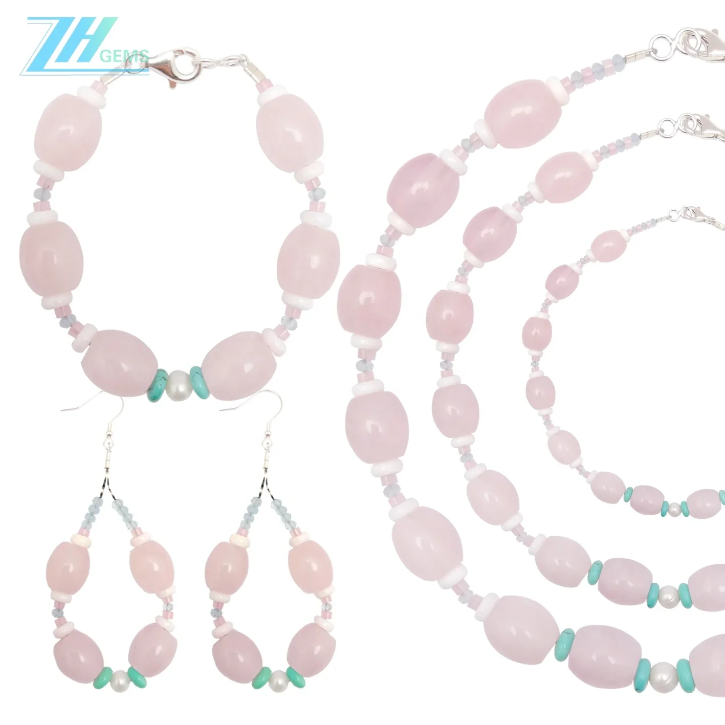 Turquoise Alami Sareng Putri Spiny Oyster Pearl Milky Blue Aquamarine Rose Quartz Perhiasan Set Hadiah Pikeun Anjeunna 1