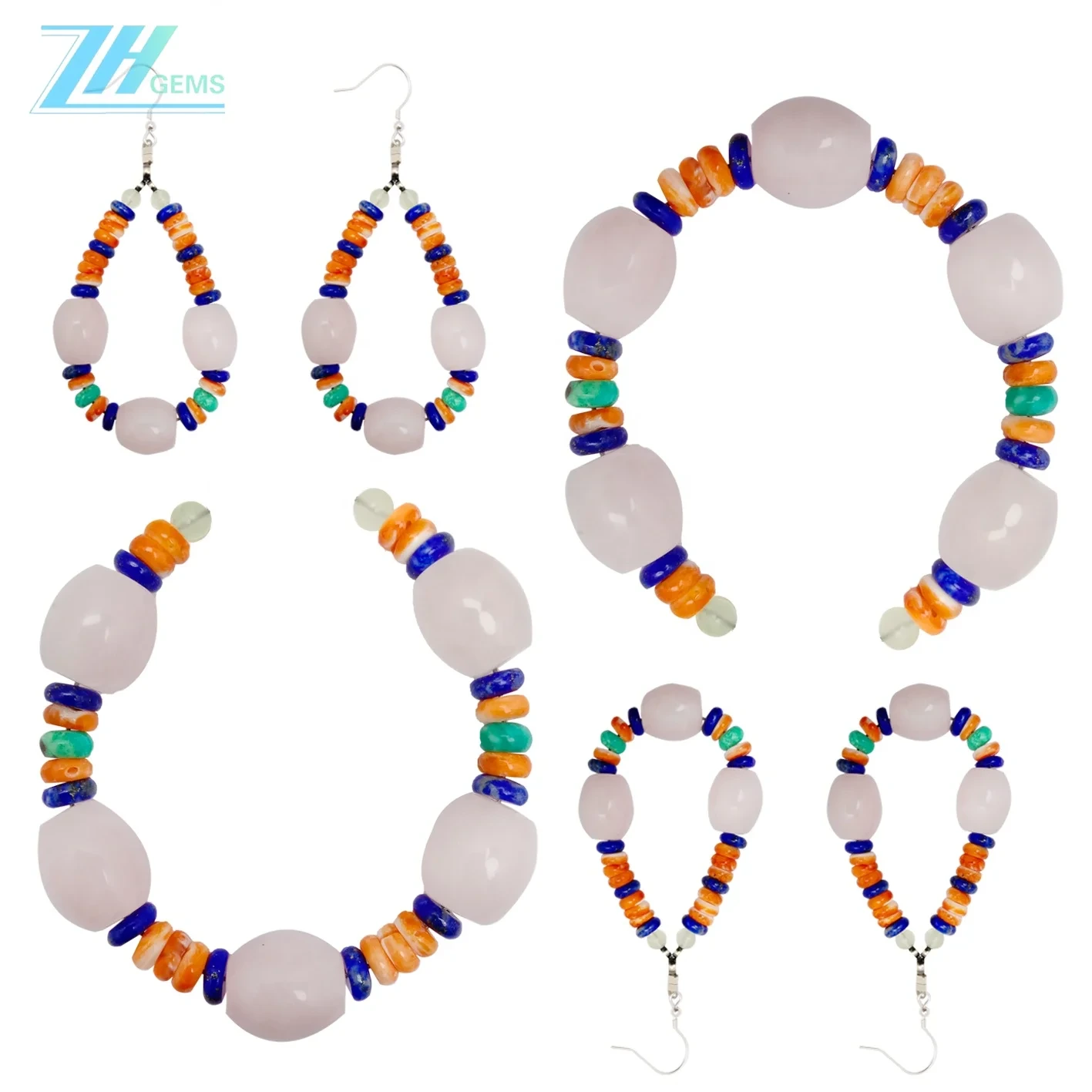 Shanga za Asili za Turquoise na Spiny Oyster zenye Vito vya Vito vya Lapis Lazuli Rose Quartz Prehnite 1