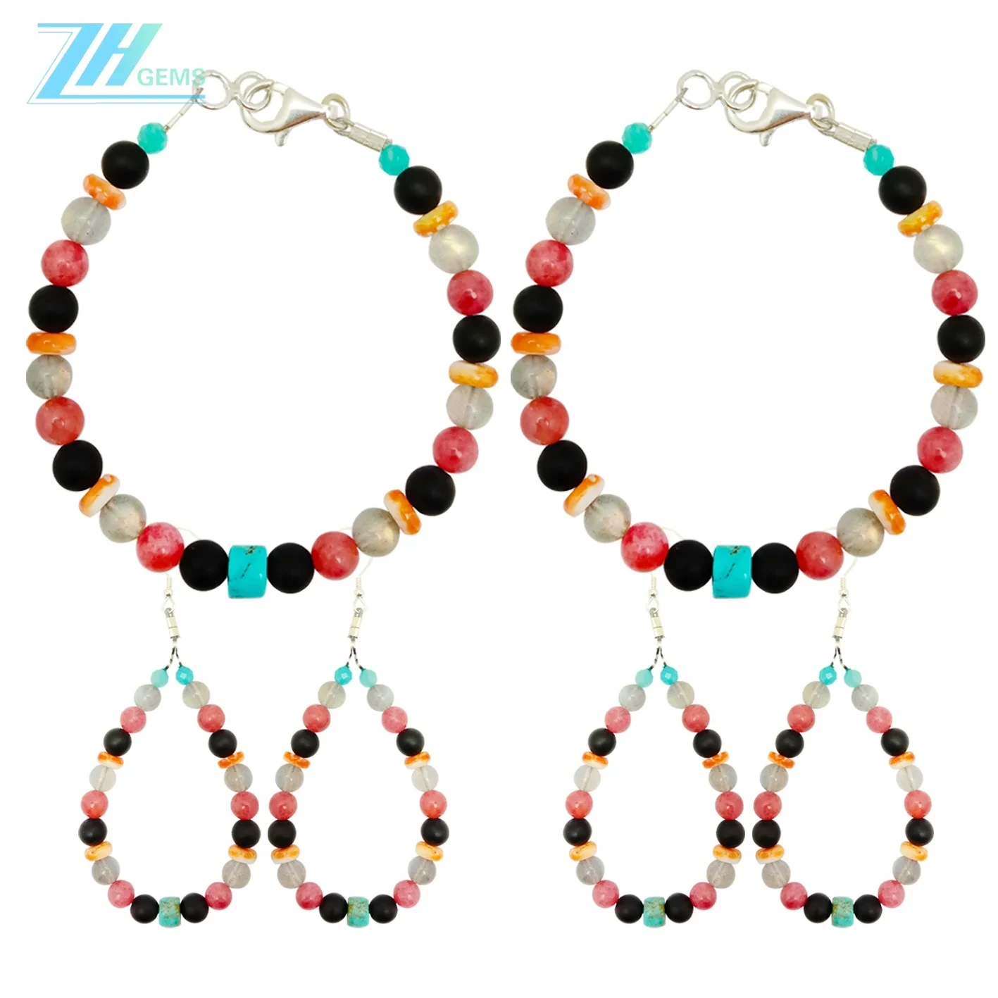 Pirus Alami dan Manik-manik Tiram Berduri dengan Onyx Labradorite Rhodonite Amazonite Multi Stone Beaded Jewelry Set 1