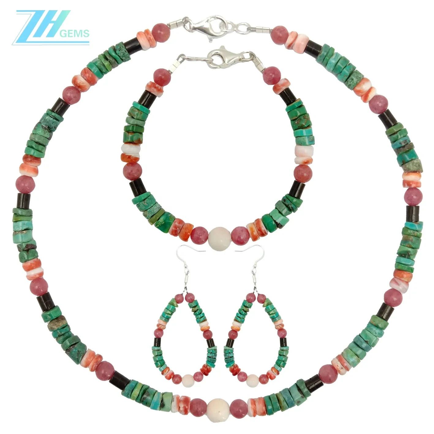 ʻO Turquoise Kūlohelohe a me Spiny Oyster Roundle Beads me ka ʻulaʻula ʻulaʻula Rhodonite Pendant Jewelry Set pōhaku ʻulaʻula. 1