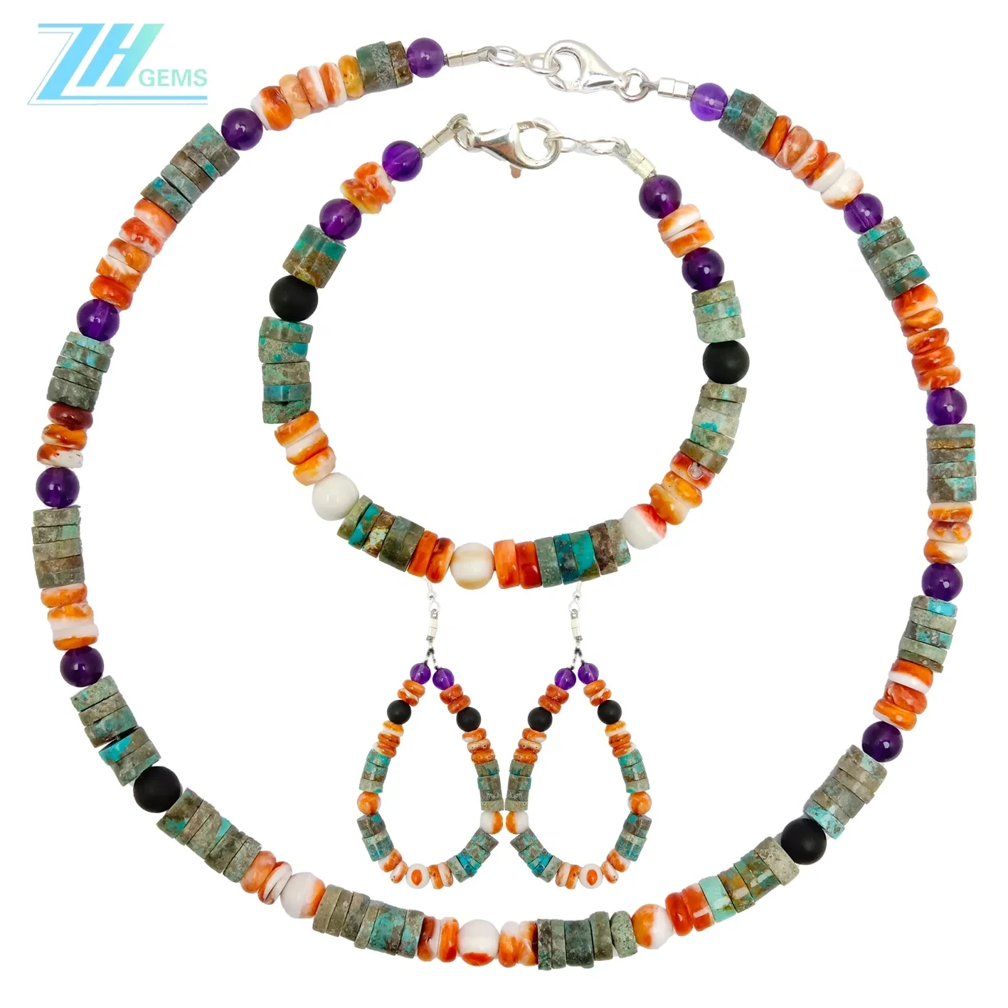 Natural Turquoise Heishi Beads With Orange Spiny Oyster Onyx Amethyst Gemstone Jewelry Set Perfect Gifts For Her 1