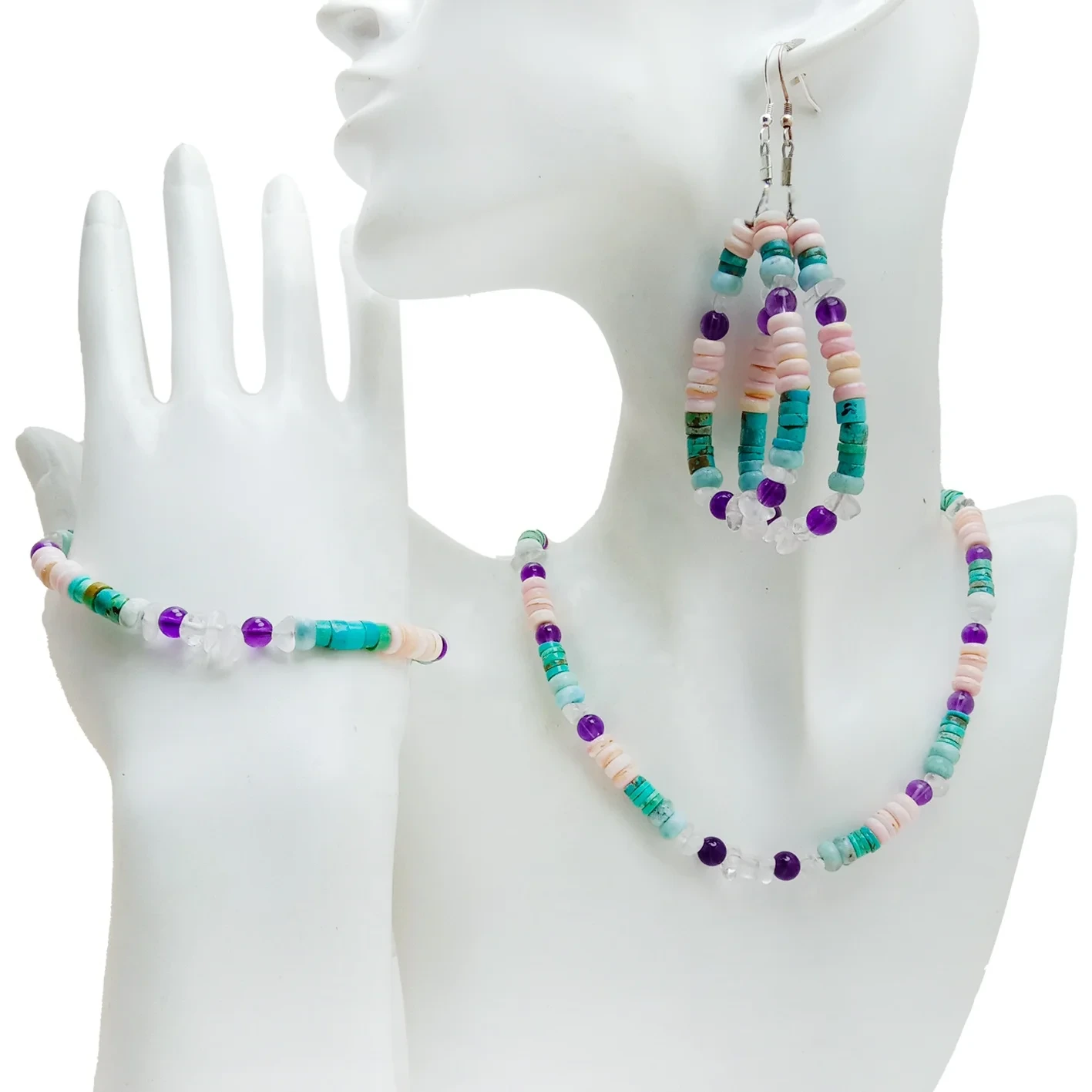 ʻAʻole maʻamau ʻo Rose Quartz Pendant a me Turquoise Heishi Beads me nā ʻulaʻula ʻulaʻula Roundle Beads no ke kāne Unisex makana. 1