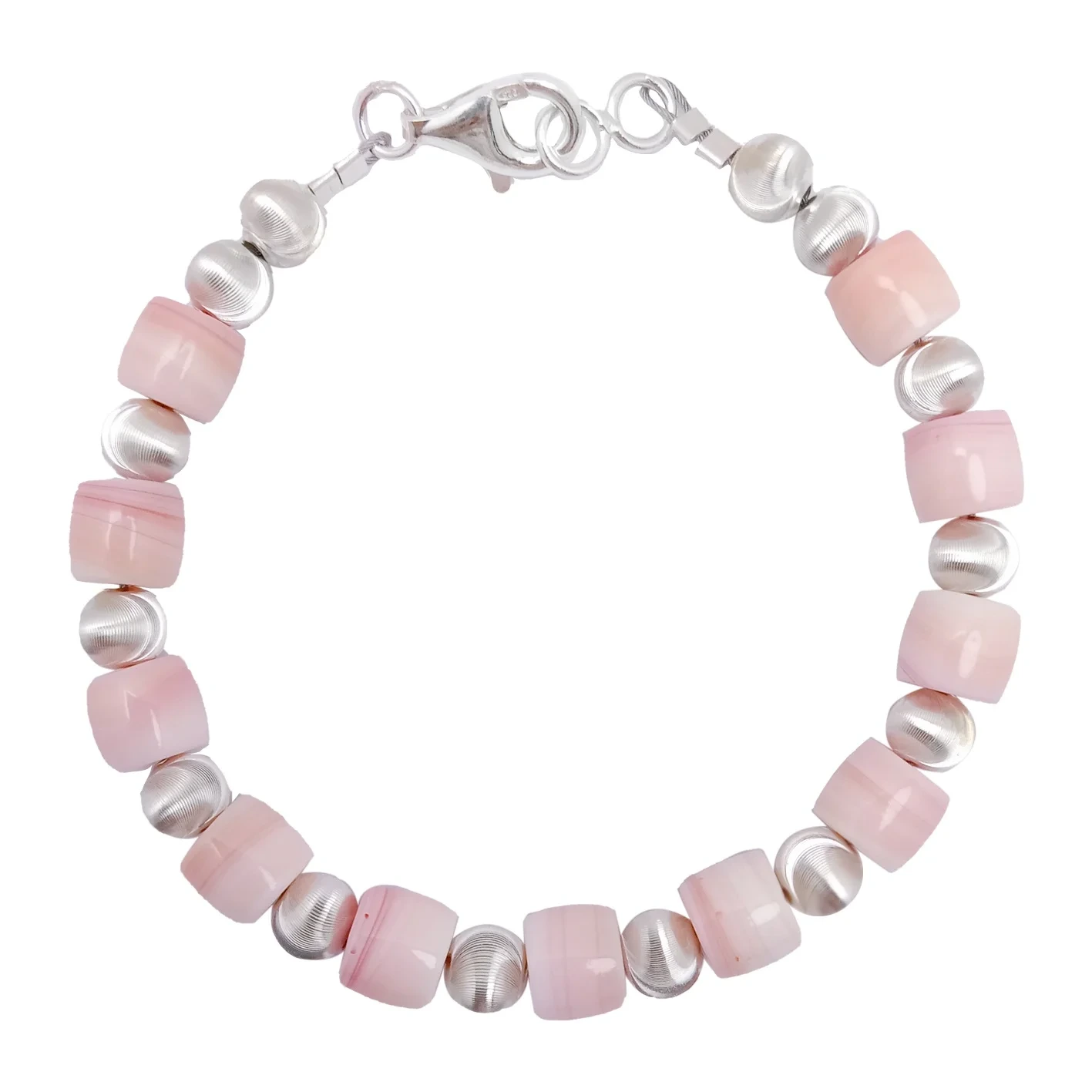 Pink Opal Smooth Beads With Cat-eye Silver Beads Handmade Bracelet Full Strand 7.5inch Perfect Gifts For Her 1