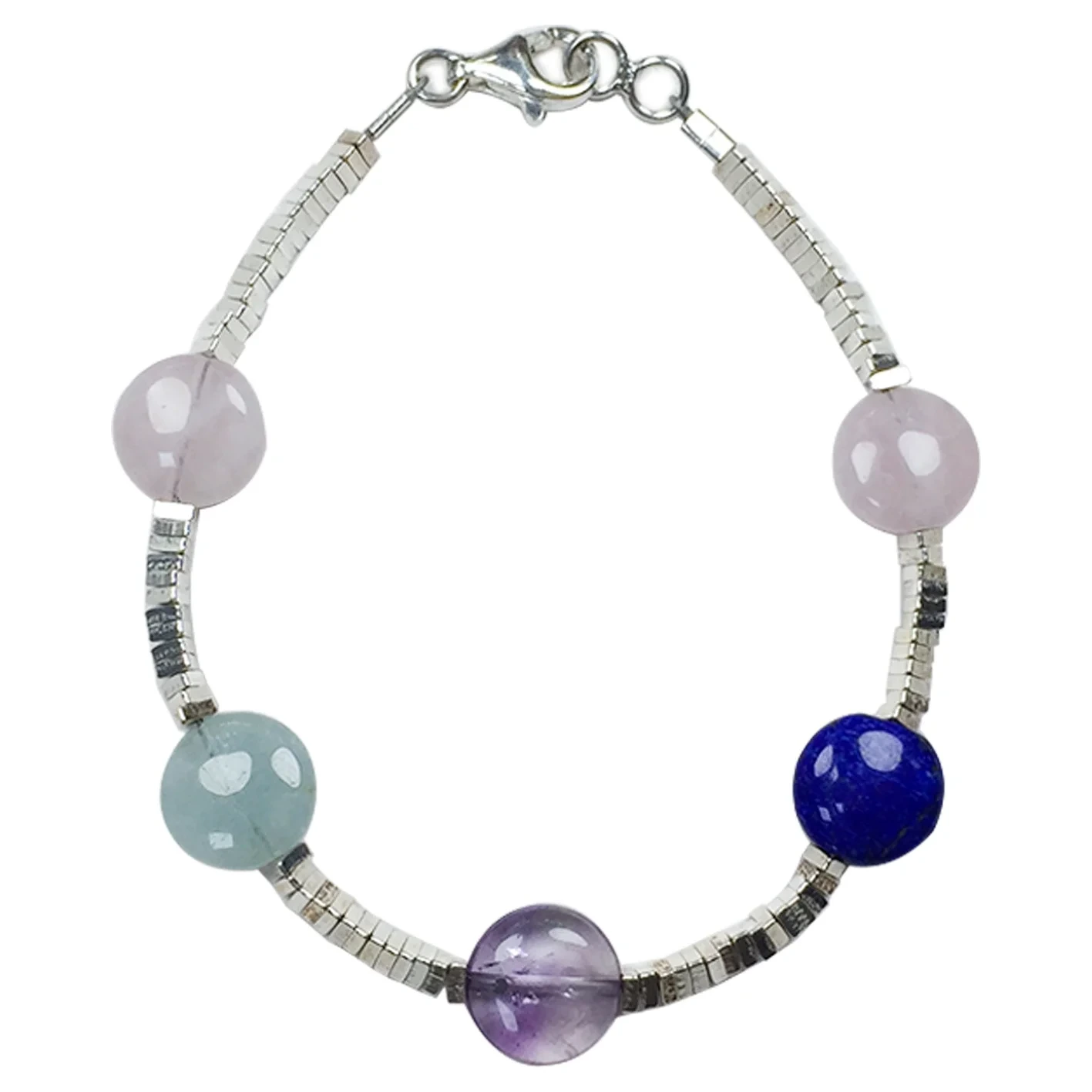 Mëllechblau Aquamarin a Rose Quartz Lapis Lazuli Fluorit Fluorspar Mat 925 Sëlwer Edelsteen Bracelet Voll Strand 8.5 Zoll 1