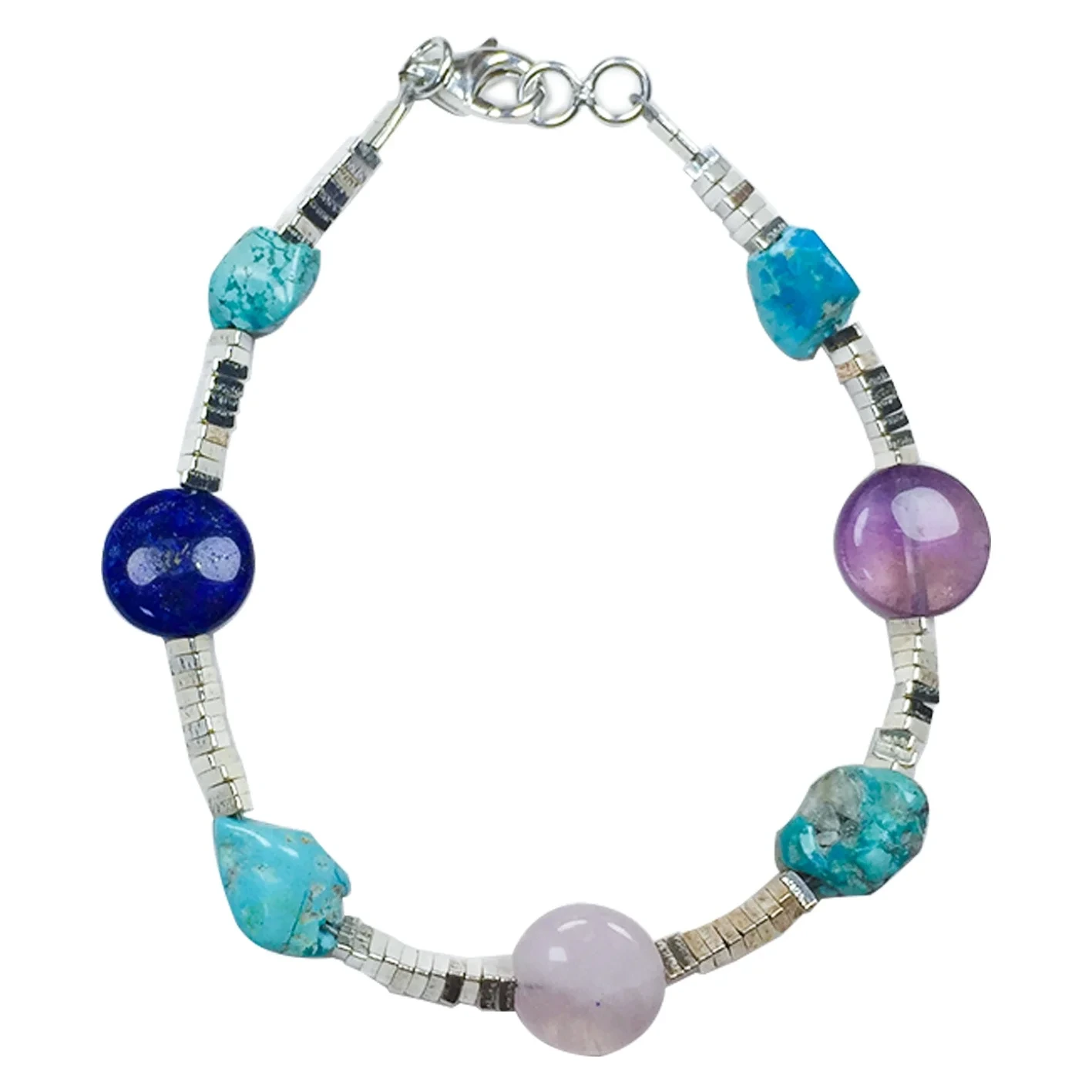 Turquoise Adayeba Ati Rose Quartz Pẹlu Lapis Lazuli Fluorite Fluorspar 925 Ẹgba Gemstone Silver 1