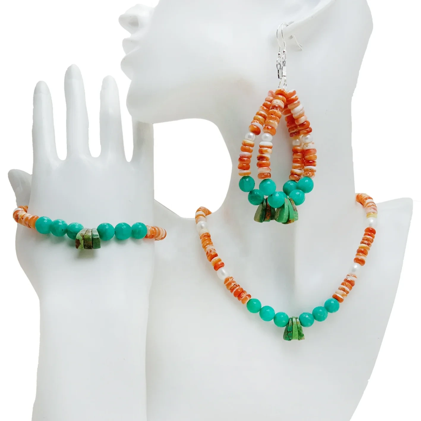 Natural Turquoise Pendant And Orange Spiny Oyster Roundle Beads With Pearl 1
