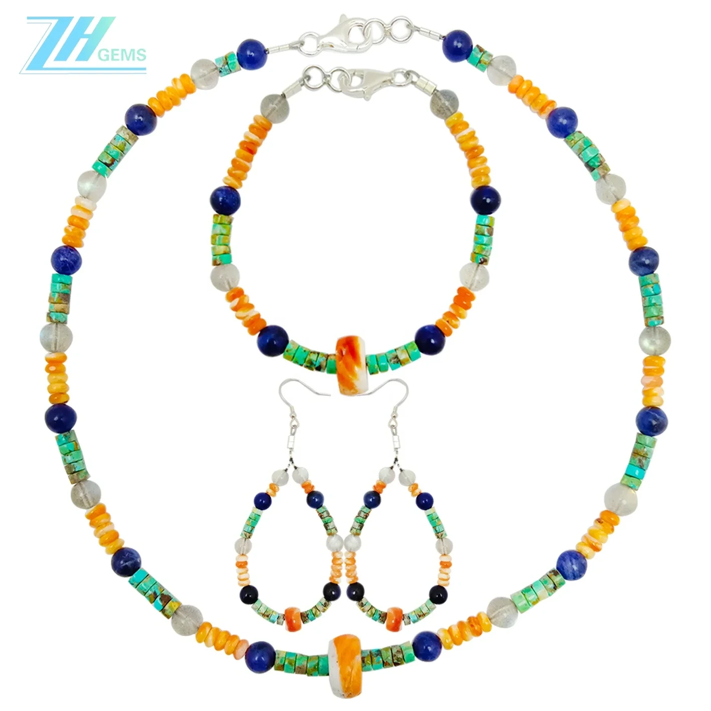 Natural Turquoise Heishi Beads And Orange Spiny Oyster Pendant With Sodalite Smooth Beads 1