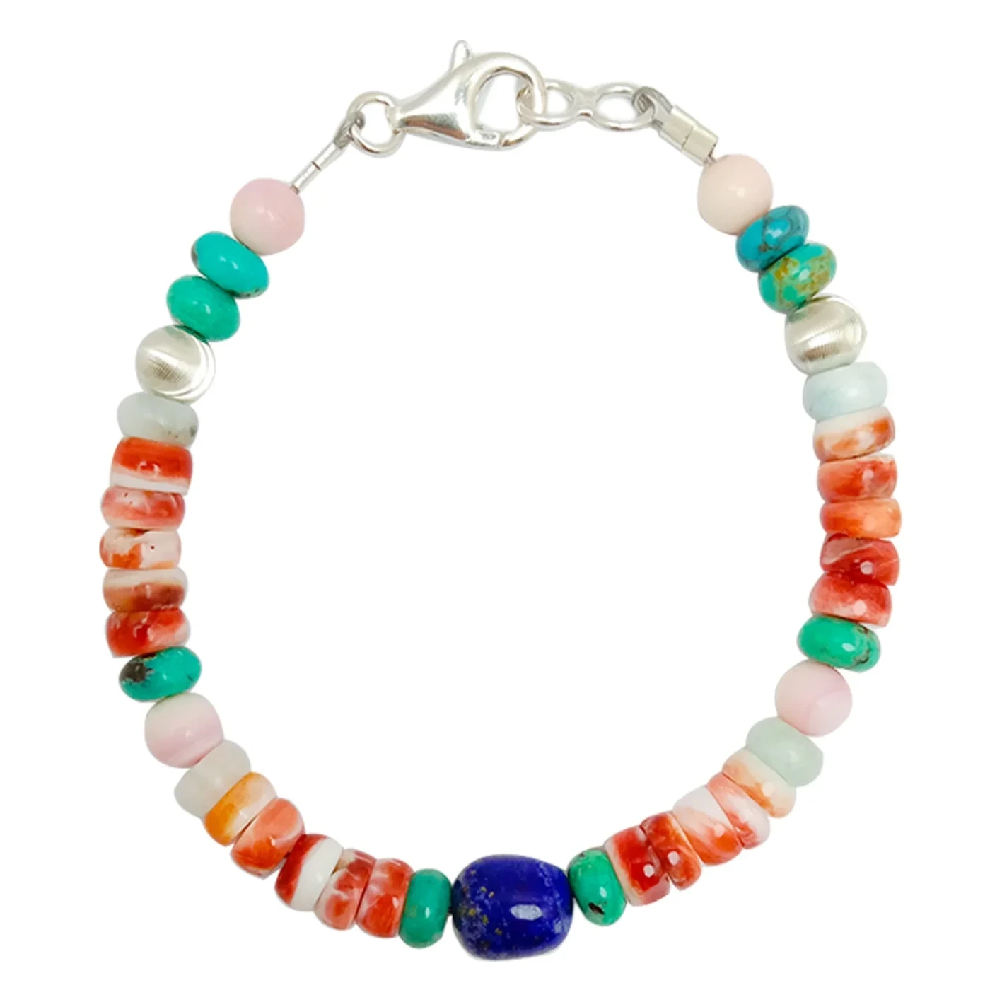 Pink Opal And Orange Spiny Oyster With Larimar Roundle Beads Lapis Lazuli 925 Silver 1