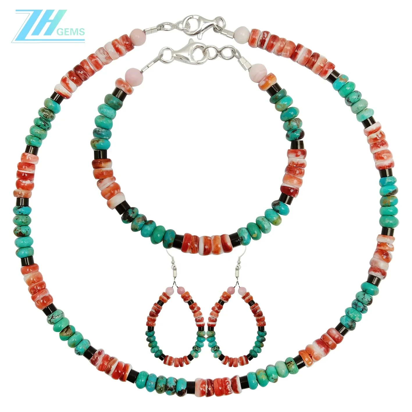 Natural Turquoise And Red Spiny Oyster Roundle Beads With Pink Opal Onyx Jewelry Set High Quality Genuine Gemstone 1