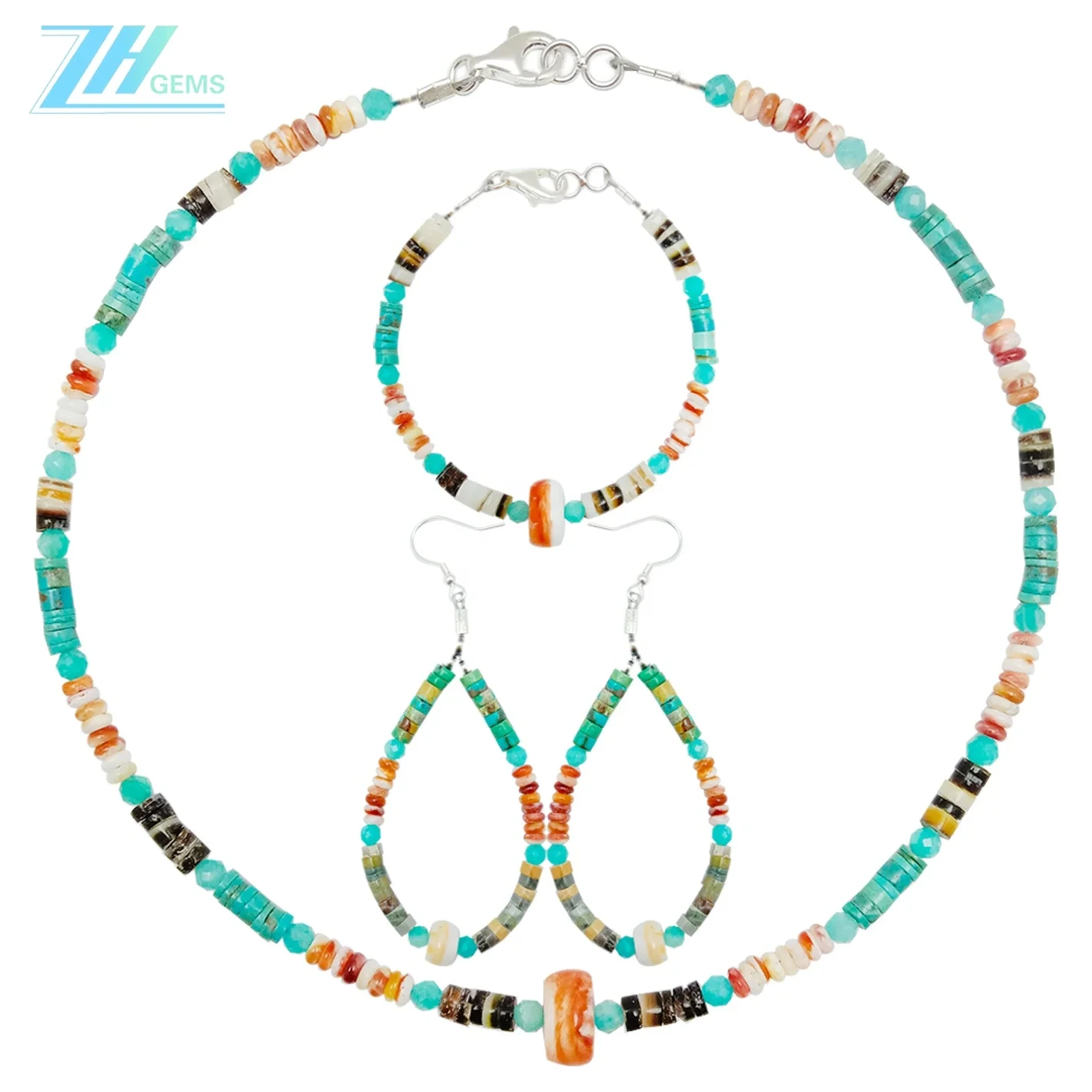 Natural Turquoise And Orange Spiny Oyster Roundle Beads With Shell Faceted Amazonite 1