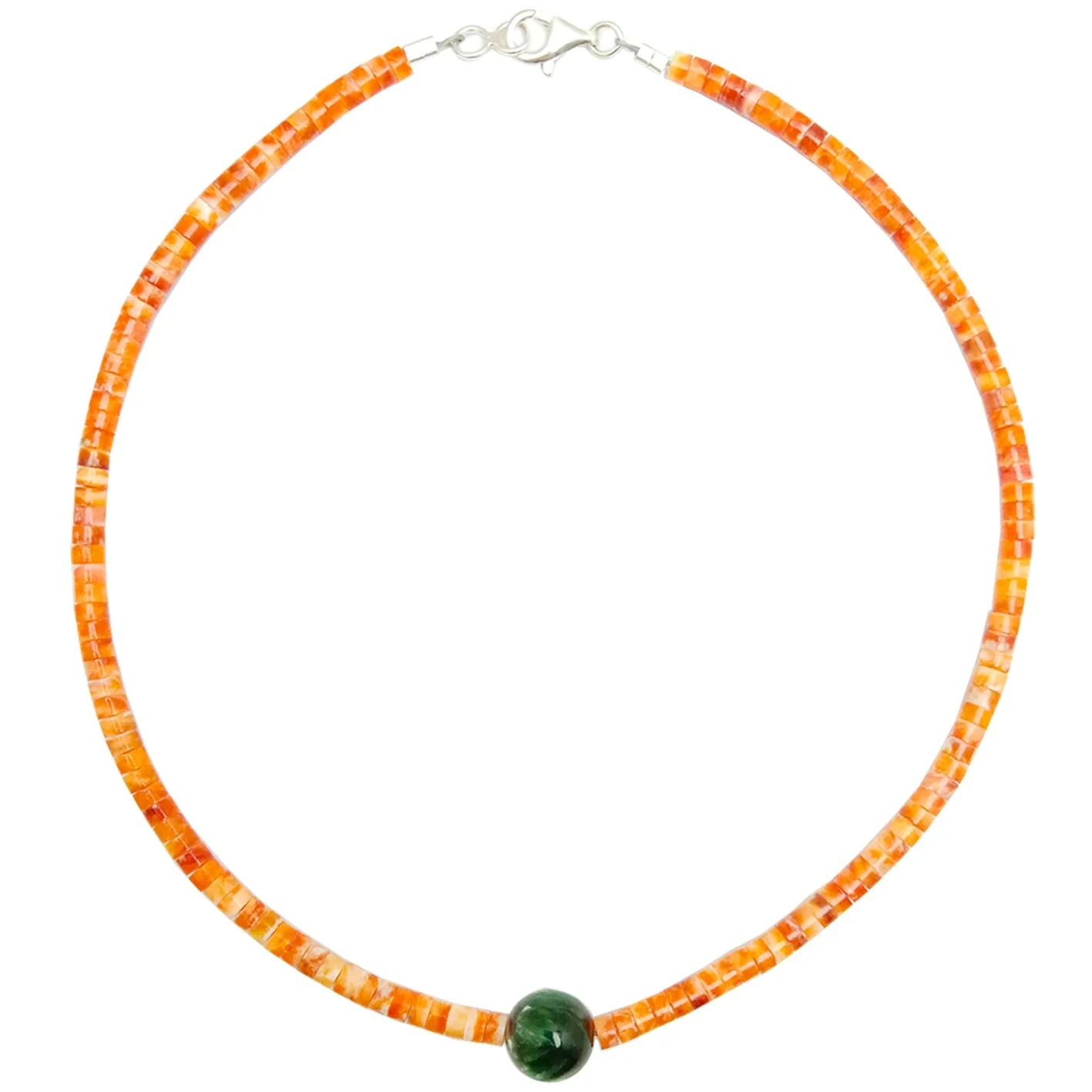 Orange Spiny Oyster Heishi Beads nga May Green Seraphinit Gemstone Pendant Handmade Simple nga Regalo sa Kwintas Para Kaniya 1