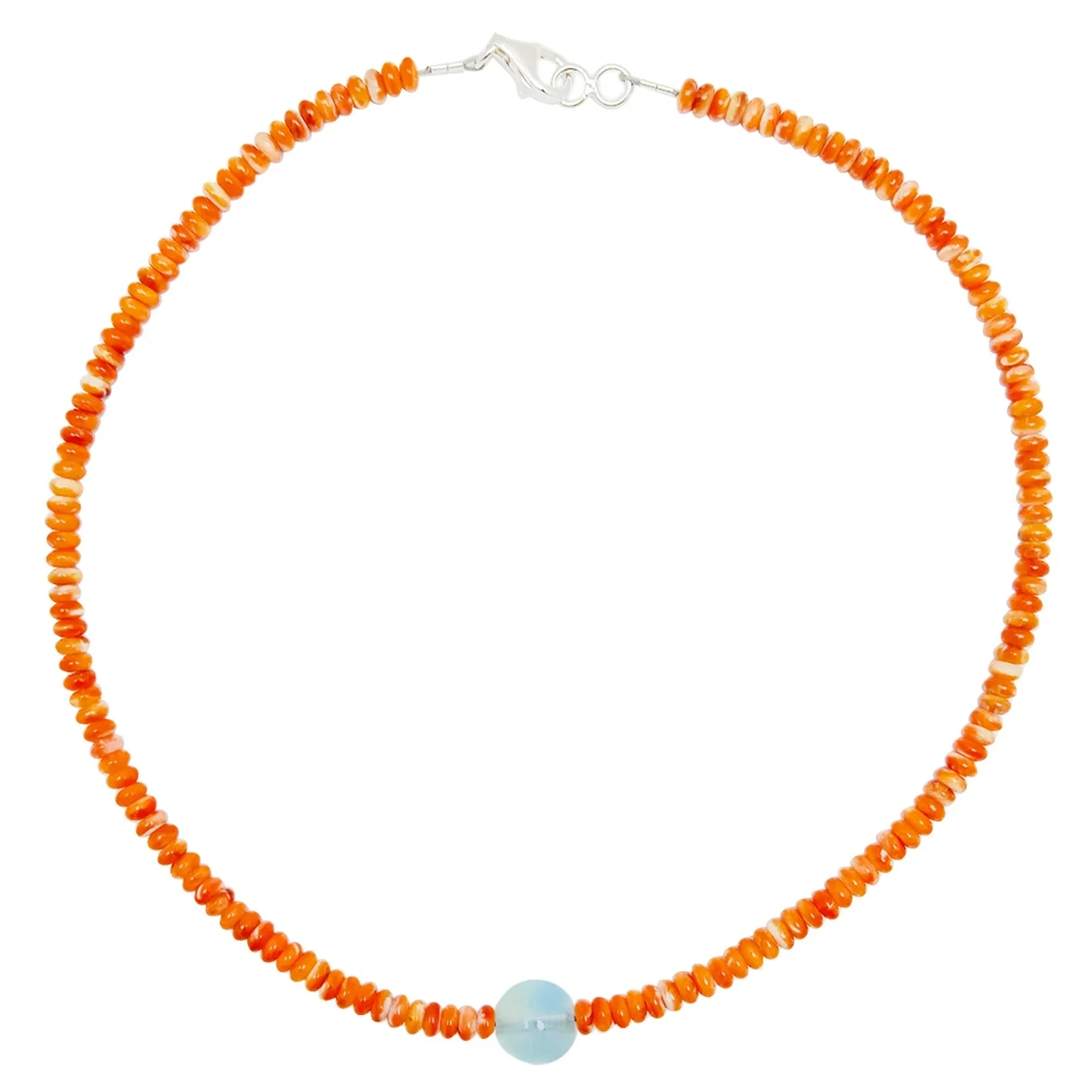 Orange Spiny Oyster With Milky Blue Aquamarine Smooth Bead Gemstone Necklace Unique Gifts For Women 1