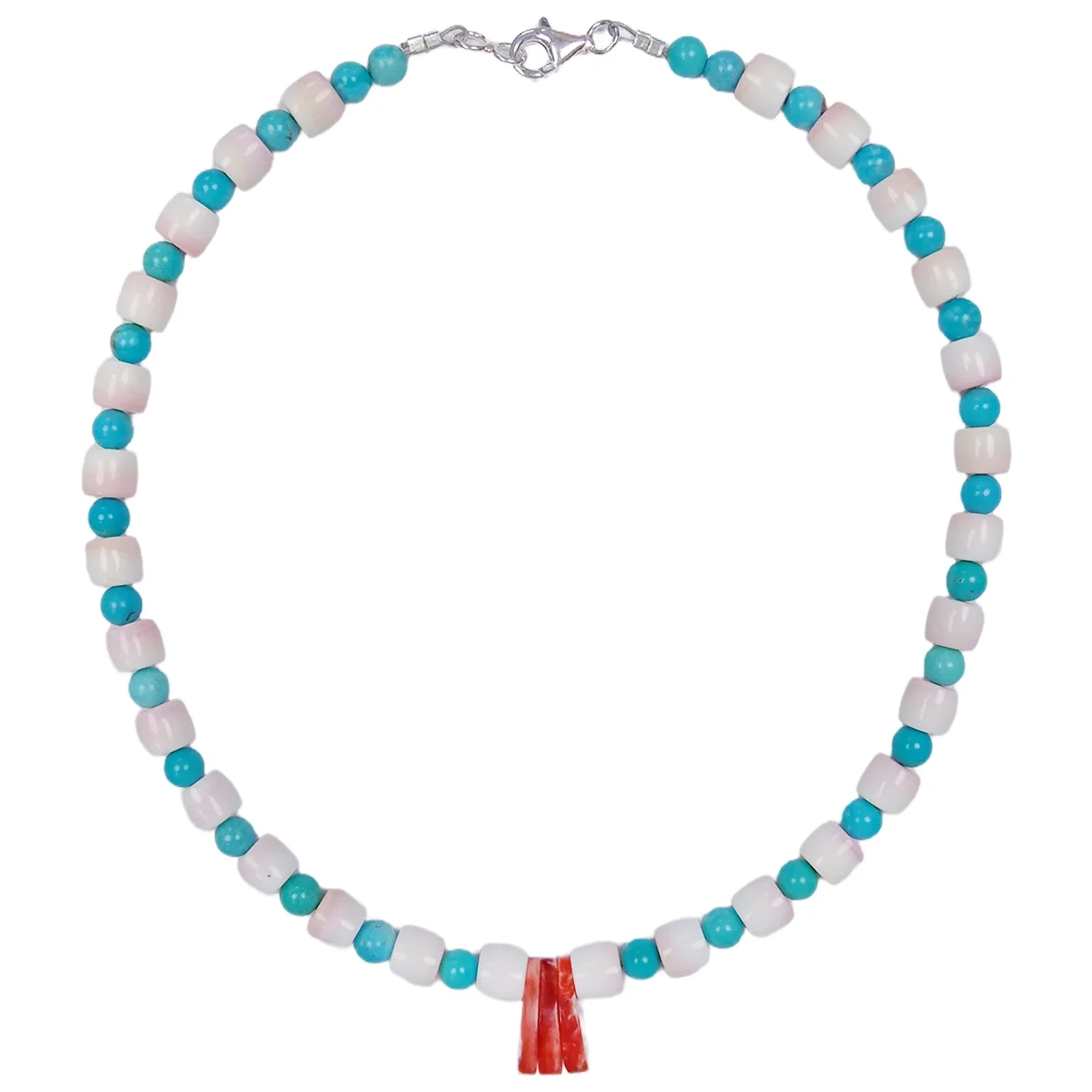 Natural Turquoise Spiny Oyster Pink Opal Flat Back Faceted Precious Stone Blue Pink 16inch Handmade Designer Necklace Alahas 1