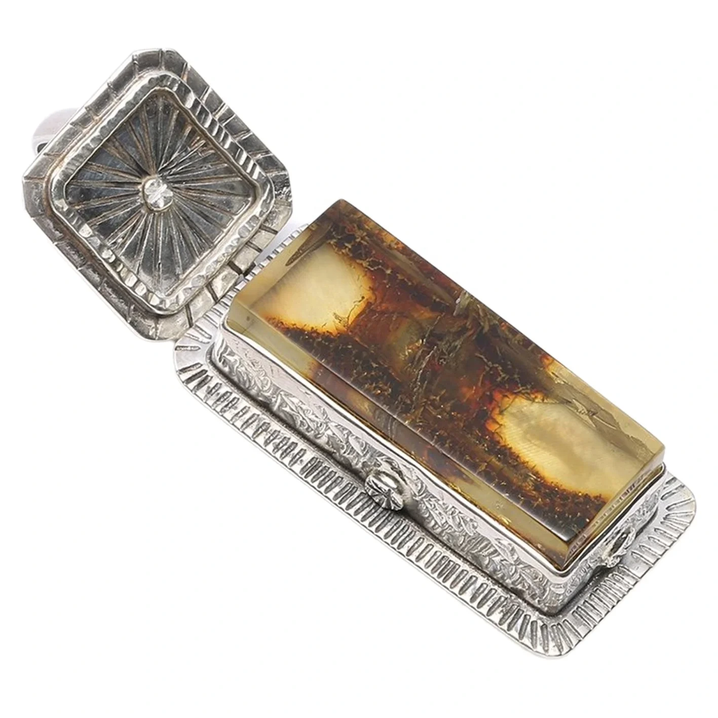 Natural Amber Rectangle Yellow With Black Color Baltic Non-optimized Chanterelle Beeswax Pendant Sterling Silver Setting 1