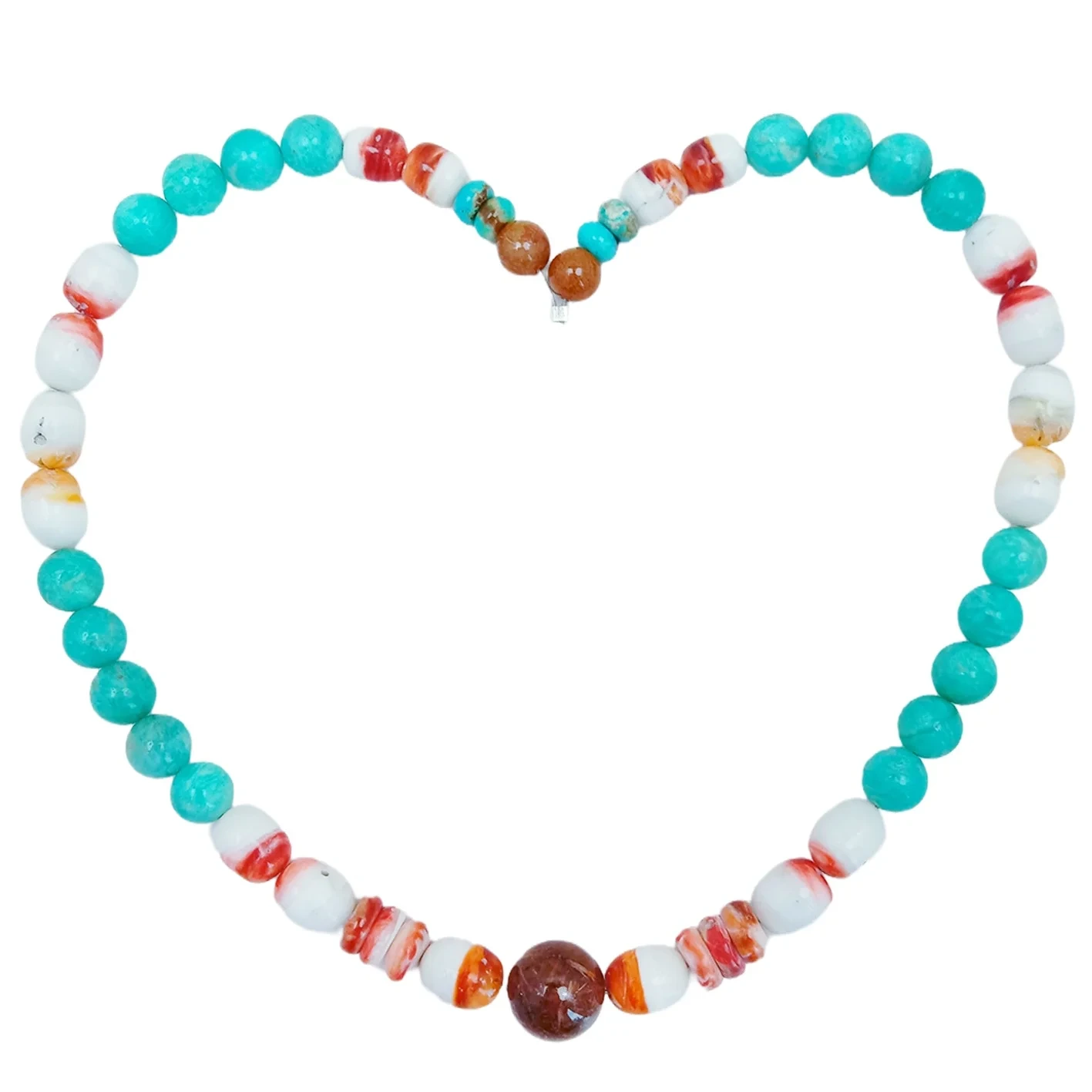37.7g Natural Turquoise Amazonite Spiny Oyster Color Green Orange Shape Round Barrel Gemstone Necklace Beautiful Jewelry 1
