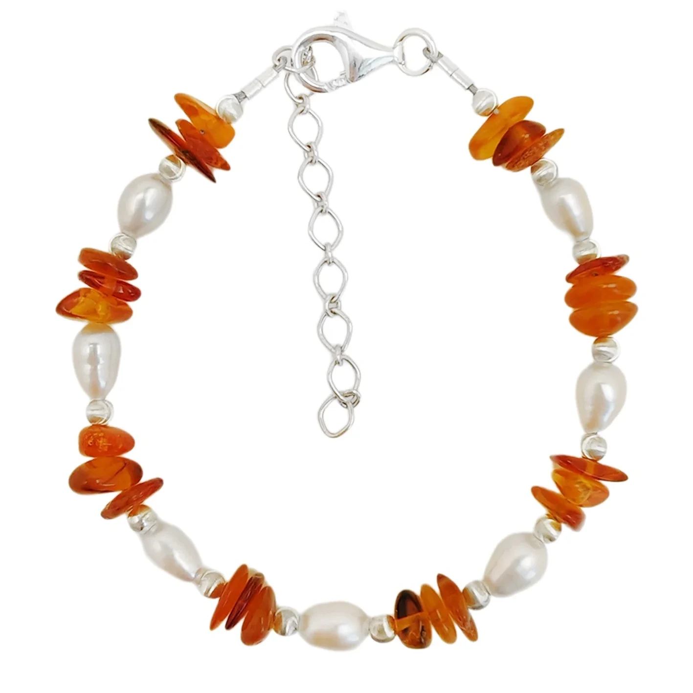 S925 Silver And Natural Amber Combo Bracelet Beautiful Pearl Handmade Jewelry 1
