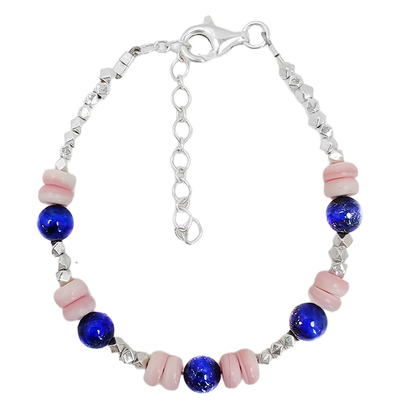 Bracelet e Ntle ea Silver e Rekisitsoeng e Ntle ea Lapis Lazuli e Nang le Opal e Pinki Khetho ea Pele ea Limpho ke Mabenyane a Matle. 1