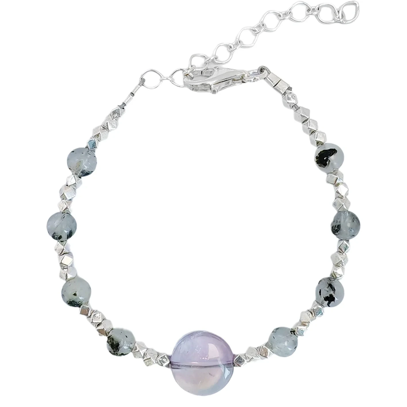 New Bracelet S925 Silver Faceted Silver Beads Natural Black Rutilated Quartz Amethyst Bracelet Versatile Jewelry 1
