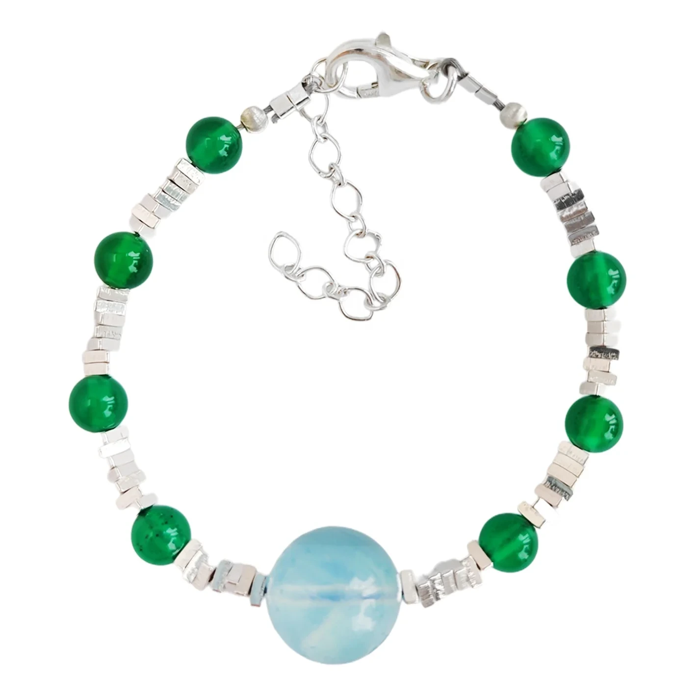 Real Triangle S925 Silver Bracelet Women's Milky Blue Aquamarine Chrysoprase Bead Design Hand Ornament 1