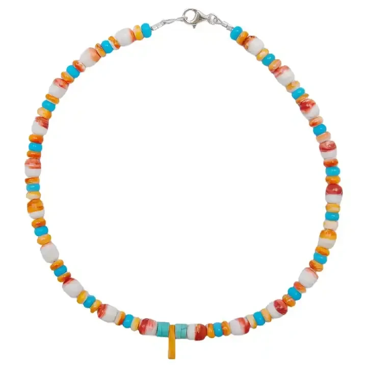 Spiny Oyster Shell Dabiiciga ah oo leh Turquoise iyo Coral Native American Navajo Style Katiinad Koonfur-galbeed Boho choker 1