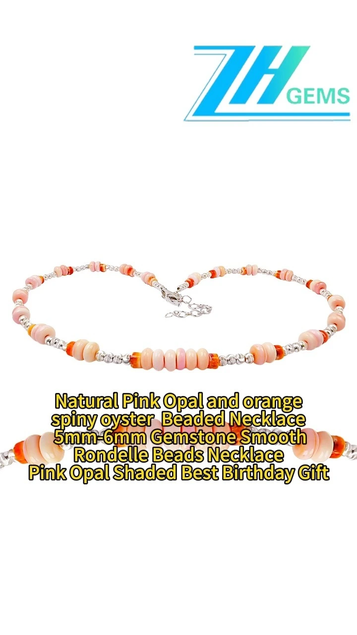 Natural Pink Opal And Orange Spiny Oyster Beaded Necklace 5mm-6mm Gemstone Smooth Rondelle Beads Necklace 1